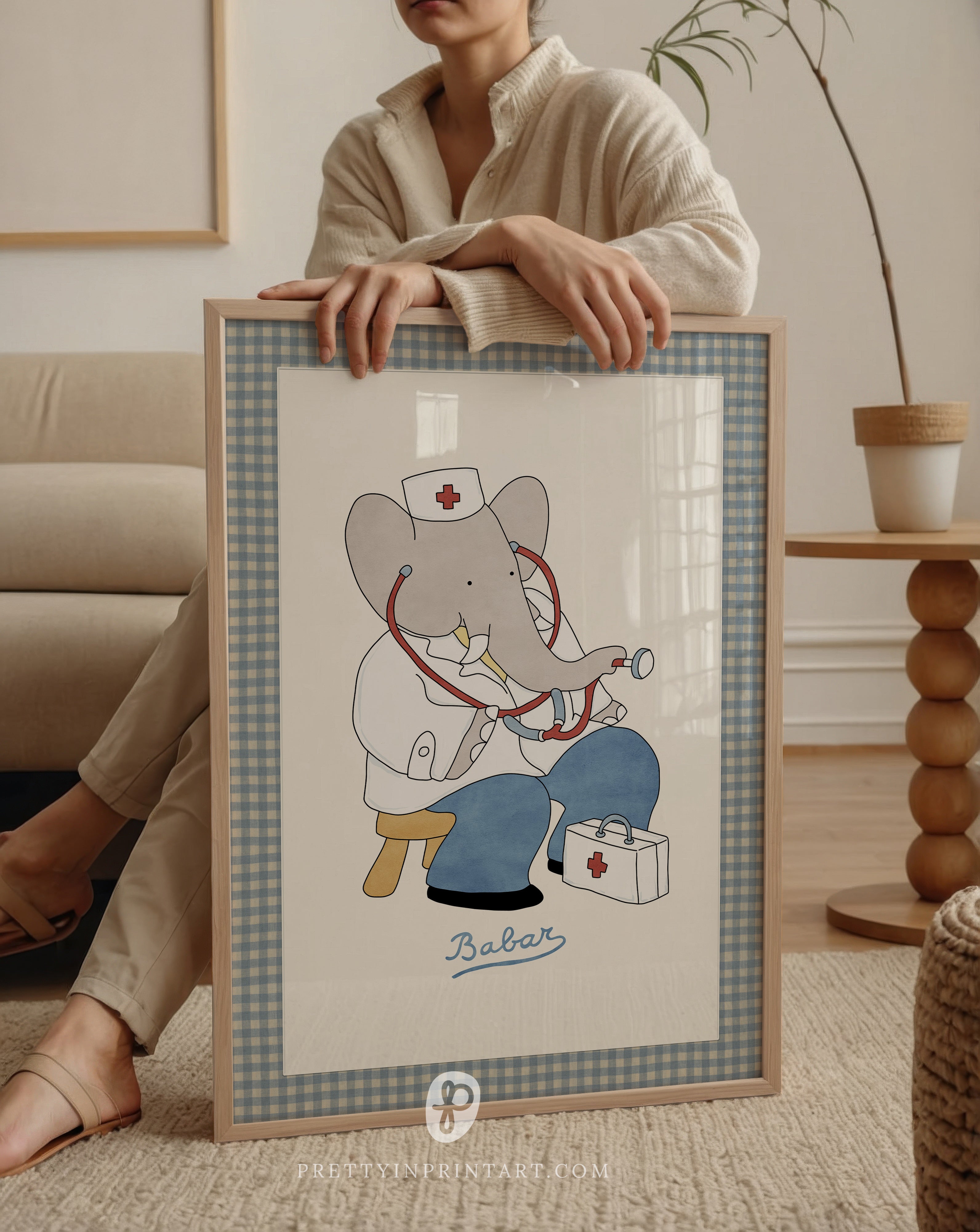 Babar the Elephant as a doctor nursery art print with printed fabric-look border, vintage retro kids room decor, literary nursery wall art