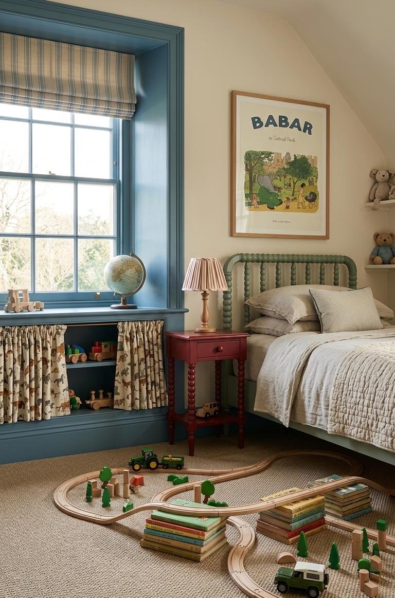 A cozy children's bedroom with a bed, window, and a wooden toy train track laid out on the carpet. A framed 'BABAR' wall art print poster hangs on the wall. Farrow and Ball paint colours for children's nursery. Green bobbin kids bed, linen bedding, cute toy storage ideas.