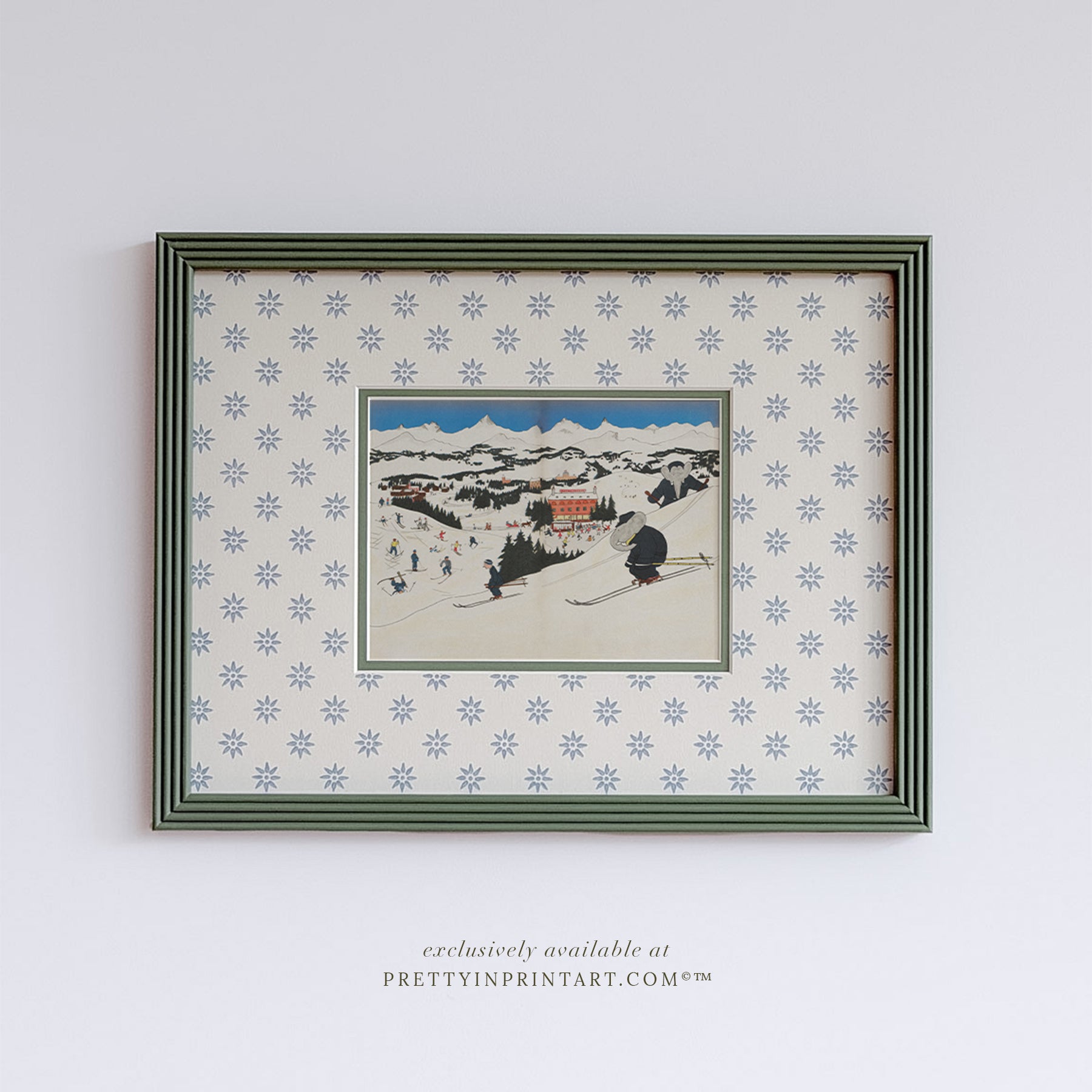 Babar Skiing Nursery Art in Green Hand Painted Frame | Wallpapered Mount