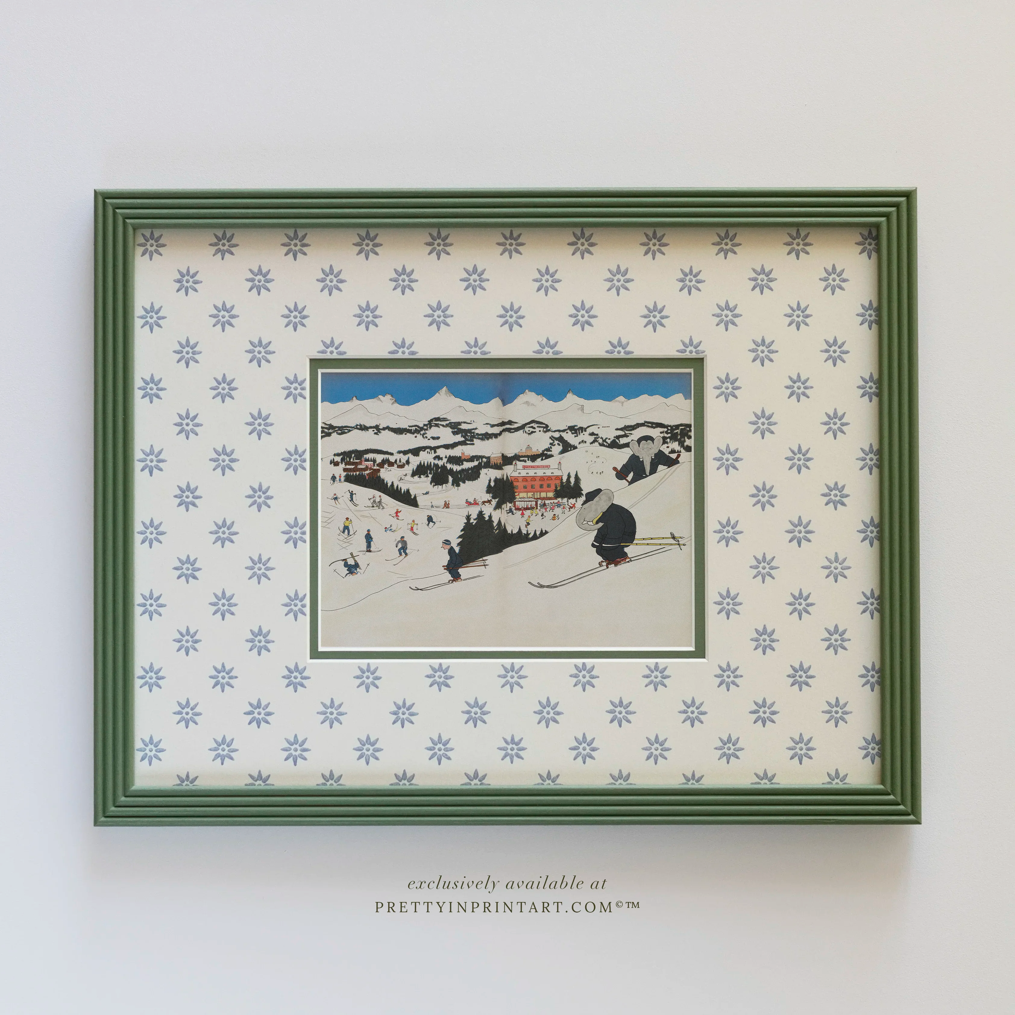 Babar Skiing Nursery Art in Green Hand Painted Frame | Wallpapered Mount