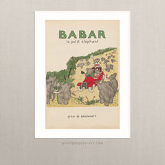 Babar the Elephant in Red Car Vintage Storybook Art Print – Nursery Wall Art, Unframed (00109)