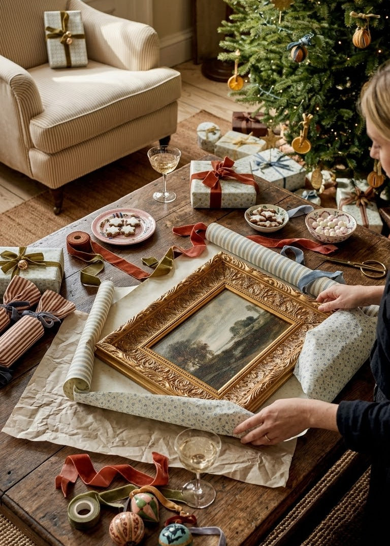 A person wraps a framed landscape painting in patterned paper and ribbons on a rustic wooden table, surrounded by holiday decorations, wrapped gifts, and a Christmas tree in a cozy living room setting.