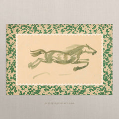 Light Green Watercolour Horse Nursery Art Print – Vintage Floral Scalloped Border Wall Art for Kids Room, Unframed (00635)