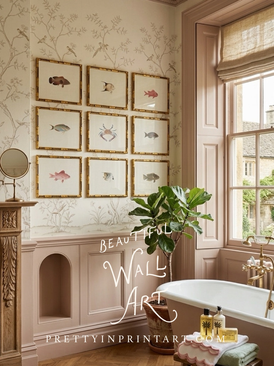 Set of 9 Vintage Fish Art Print (0070) in Gold Bamboo Frame (0178)