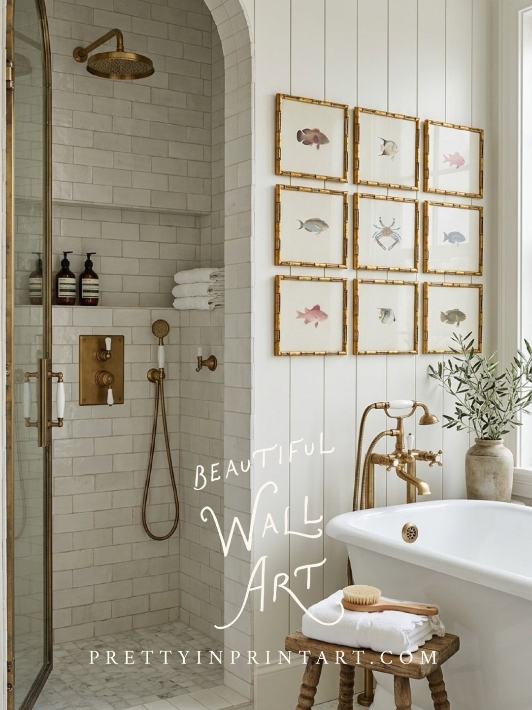 Set of 9 Vintage Fish Art Print (0070) in Gold Bamboo Frame (0178)