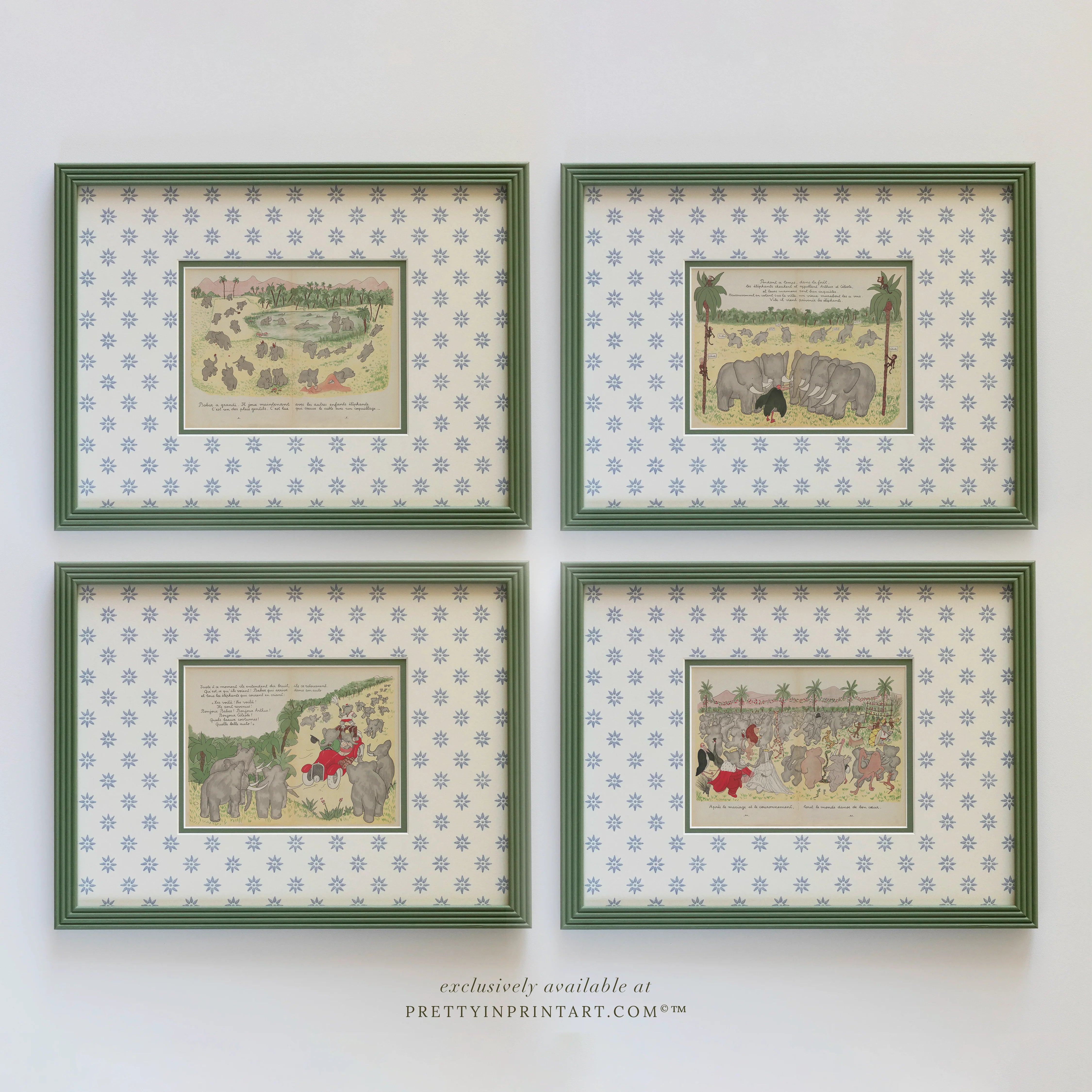 Babar Nursery Art Print in Green Hand Painted Frame | Wallpapered Mount (001)
