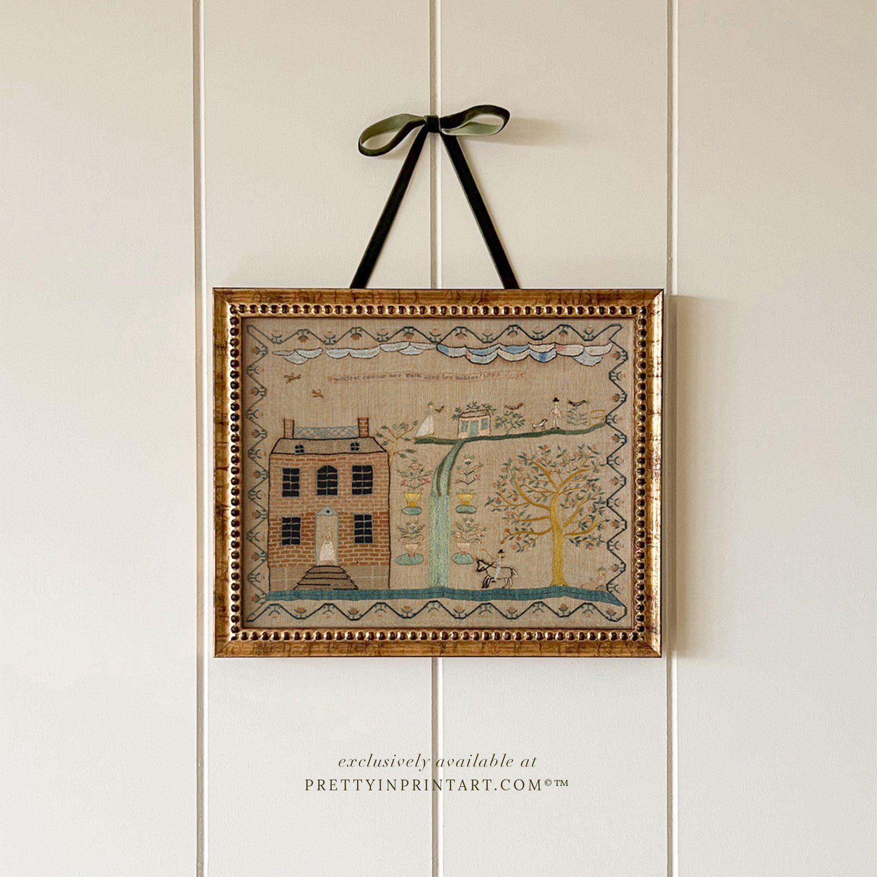 Vintage Nursery Art; Embroidery Print 001 Gold Frame (0160) 15x20cm