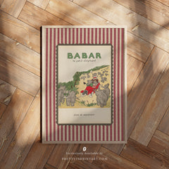 Babar the Elephant Nursery Art Print – Framed with Printed Linen-Look Border, Wood Frame Options (010)