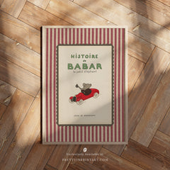 Babar the Elephant Nursery Art Print – Framed with Printed Linen-Look Border, Wood Frame Options (008)