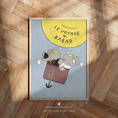 Babar the Elephant Hot Air Balloon Nursery Art Print – Framed in Wood Frame (005)