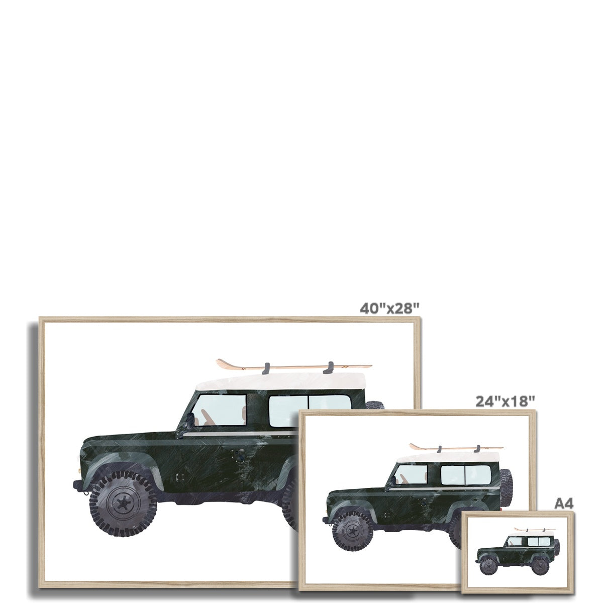 4x4 Land Rover - Green with Skis | Framed Print