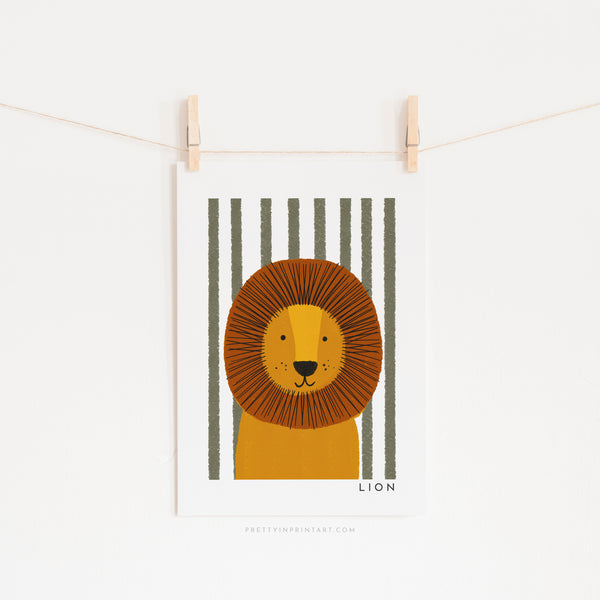 Lion Print - Green Stripes |  Unframed