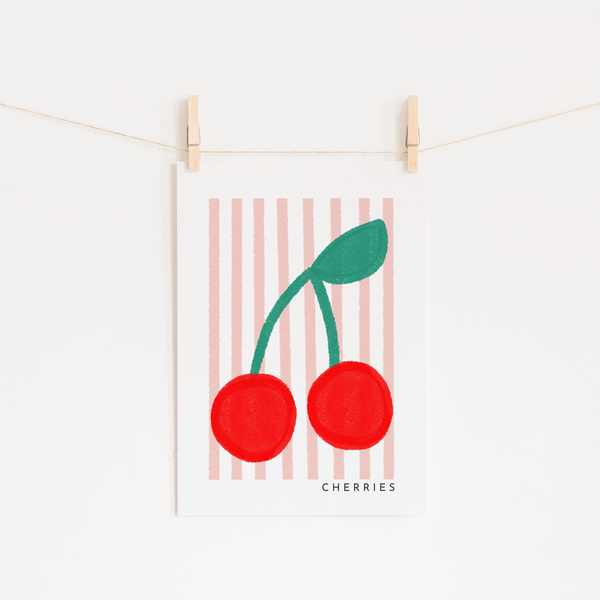 Cherries Print - Pink Stripes |  Unframed