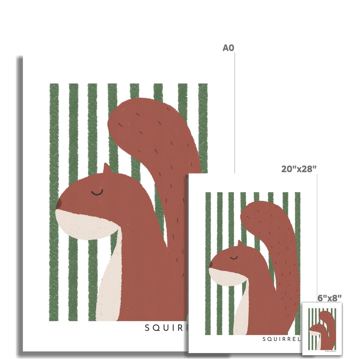 Squirrel Print - Green Stripes | Unframed