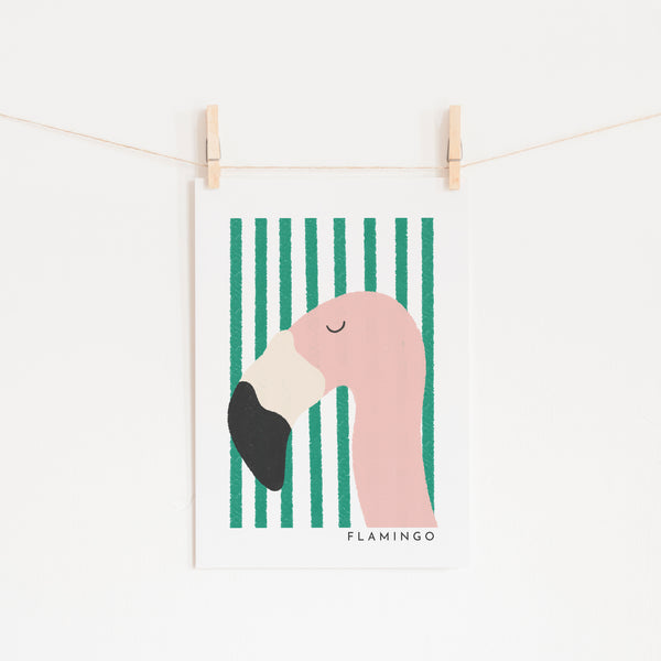 Flamingo Print - Green Stripes |  Unframed