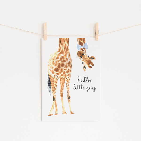 Hello Little Guy Giraffe - Blue Bow Tie |  Unframed