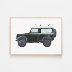 4x4 Land Rover - Green with Skis | Framed Print