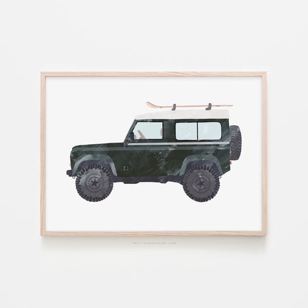 4x4 Land Rover - Green with Skis |  Framed Print