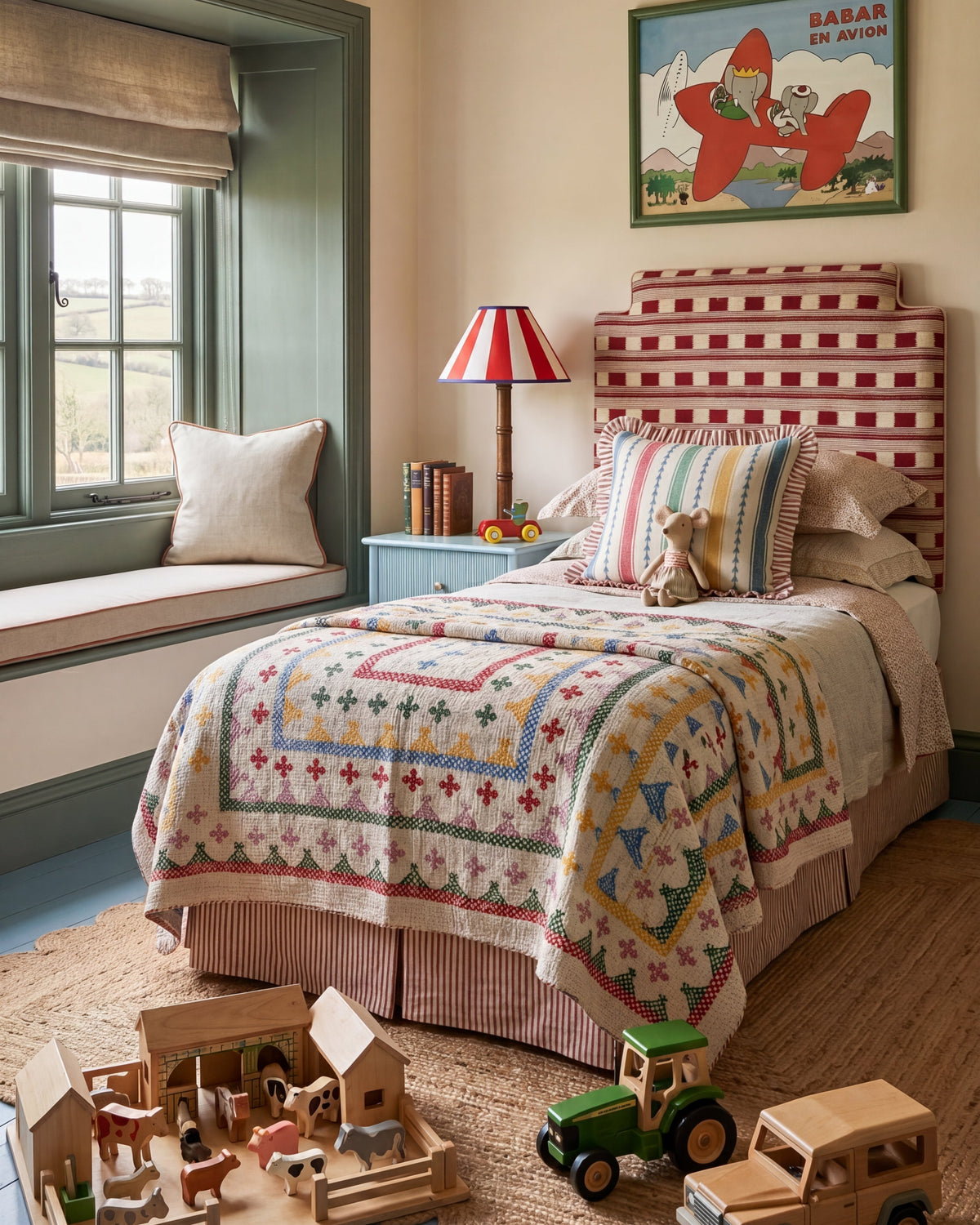 A retro-inspired toddler bedroom styled with classic Babar the Elephant wall art