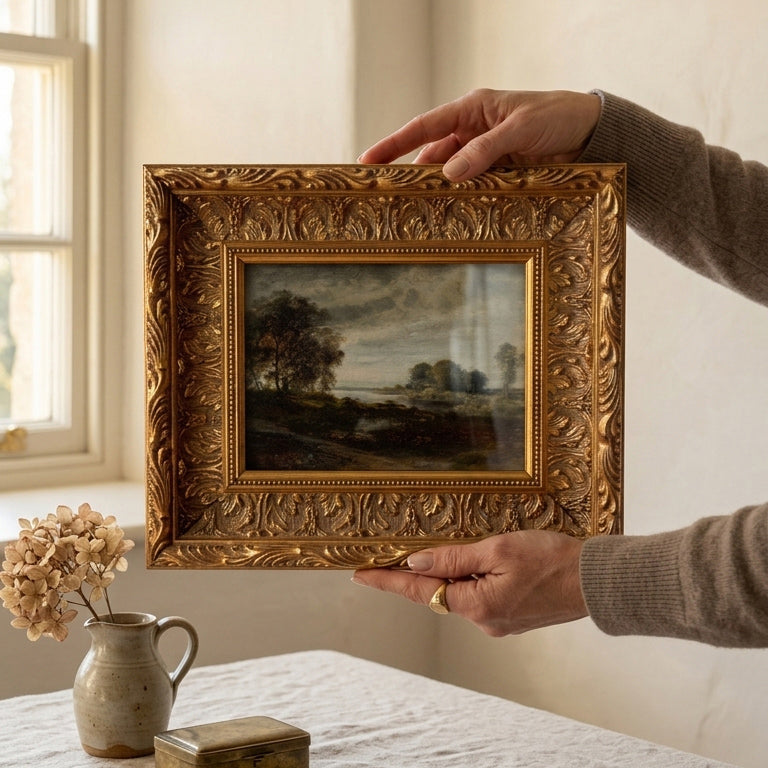 A hand holding an ornate gold picture frame with a vintage landscape art print, showcasing the thrifted antique look