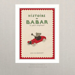 Babar the Elephant Nursery Art Print – Vintage Storybook Wall Art with Printed Fabric-Look Scalloped Border, Unframed (001011)