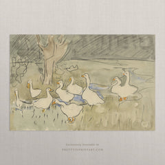 Vintage Duck & Goose Sketch Art Print – Pond Scene Nursery & Bedroom Wall Decor, Unframed (00549)
