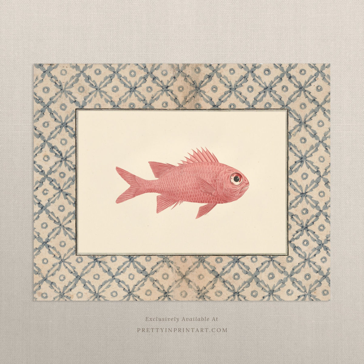 Vintage rosy pink fish art print with a blue lattice border, unframed