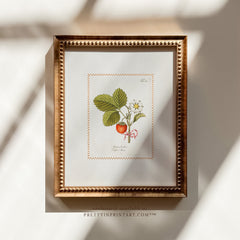 Vintage Strawberry Plant Watercolour Art Print – Framed in Antique Gold Bobble Frame with Ribbon Bow Detail (001, GOLD-0160)