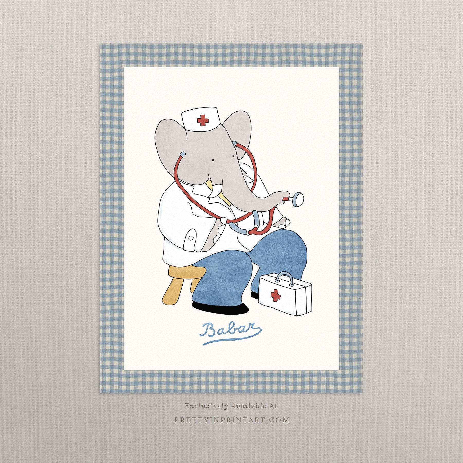 Babar the Elephant as a doctor nursery art print with printed fabric-look border, vintage retro kids room decor, literary nursery wall art

