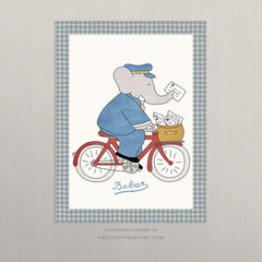 Babar the Elephant Nursery Art Print – Postman on Bicycle, Vintage Storybook Wall Art with Linen-Look Gingham Border, Unframed