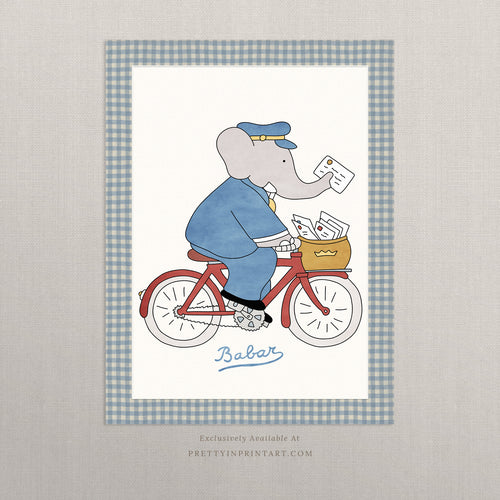 Babar the Elephant Nursery Art Print – Postman on Bicycle, Vintage Storybook Wall Art with Linen-Look Gingham Border, Unframed
