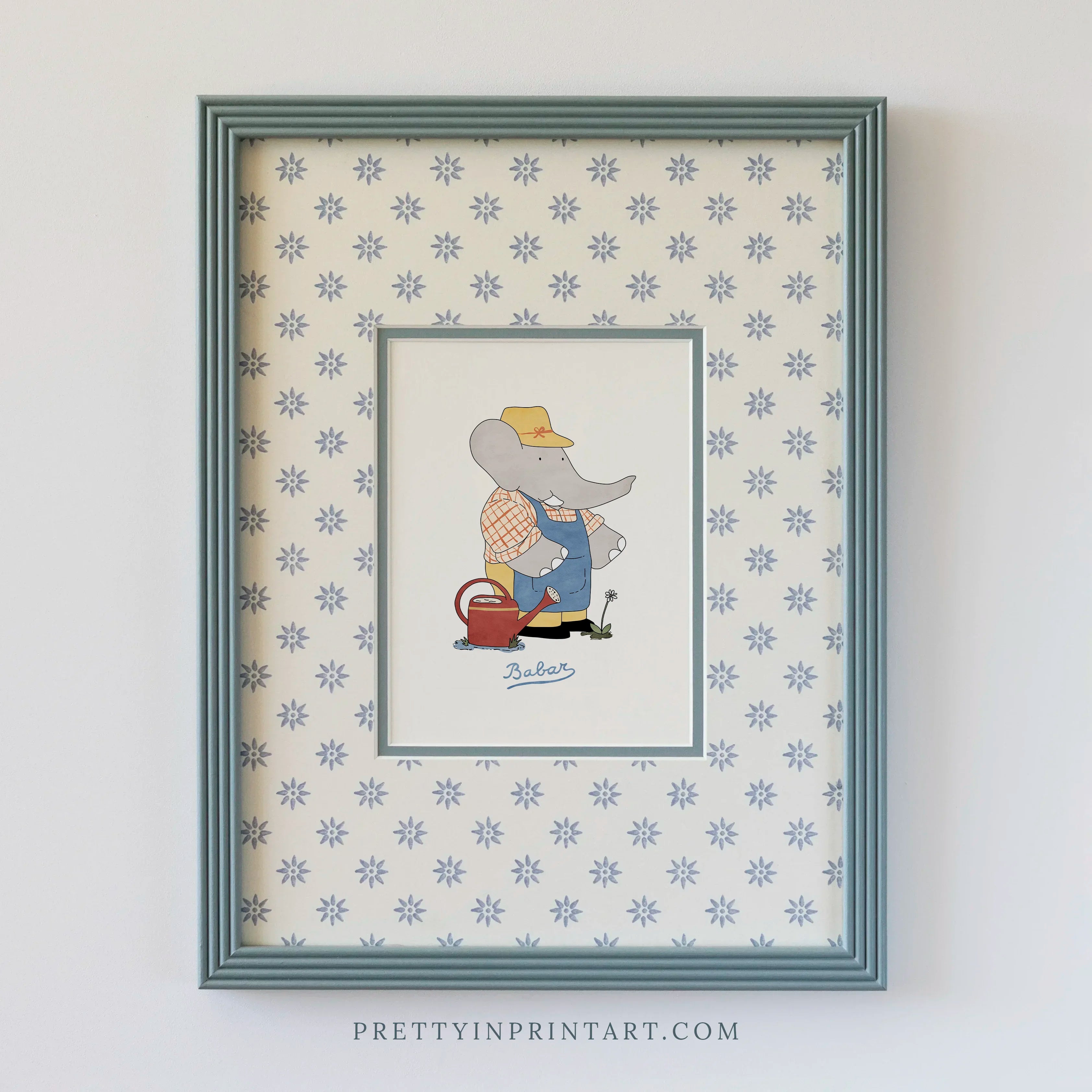Babar Gardener Nursery Art in Blue Hand Painted Frame | Wallpapered Mount