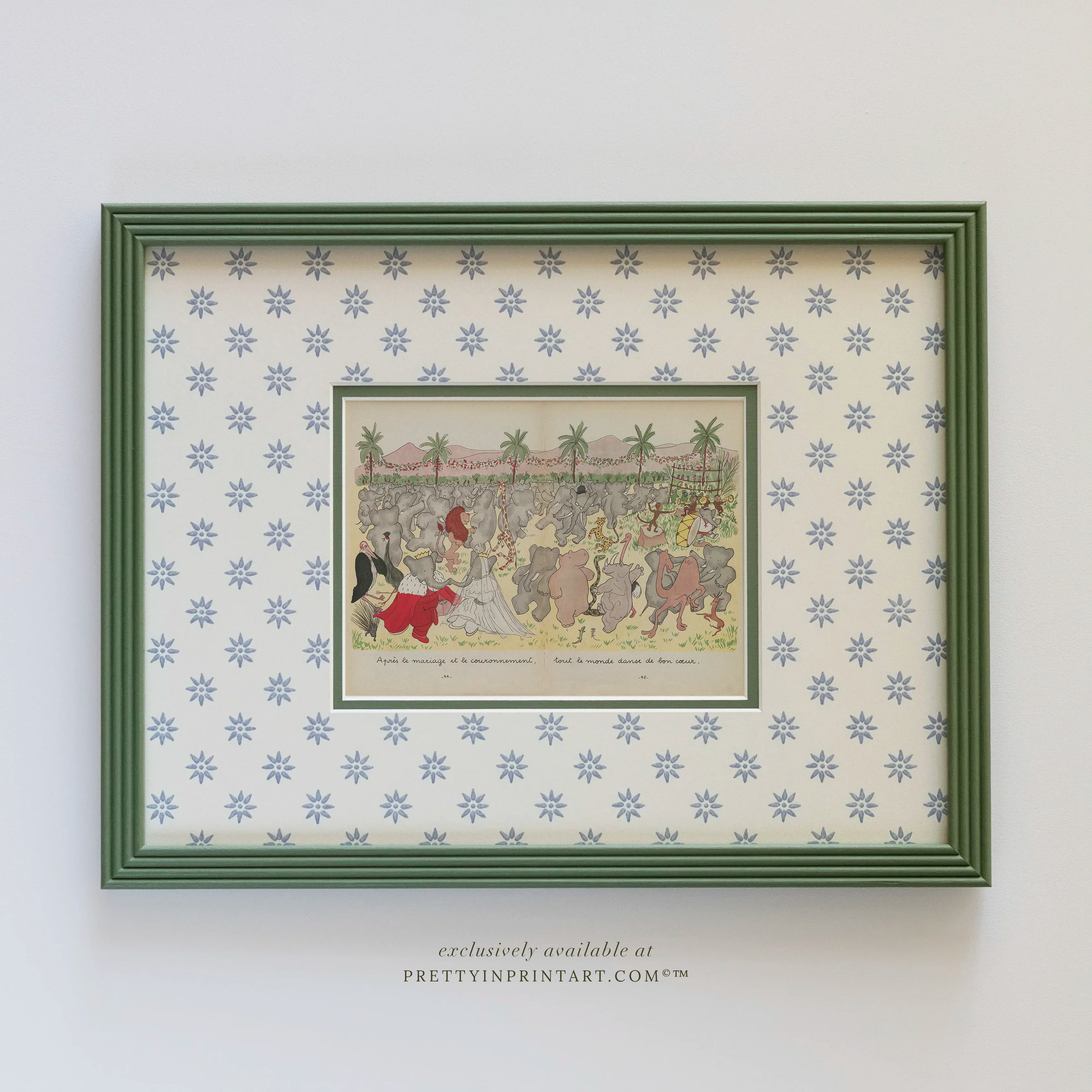 Babar Nursery Art Print in Green Hand Painted Frame | Wallpapered Mount (006)