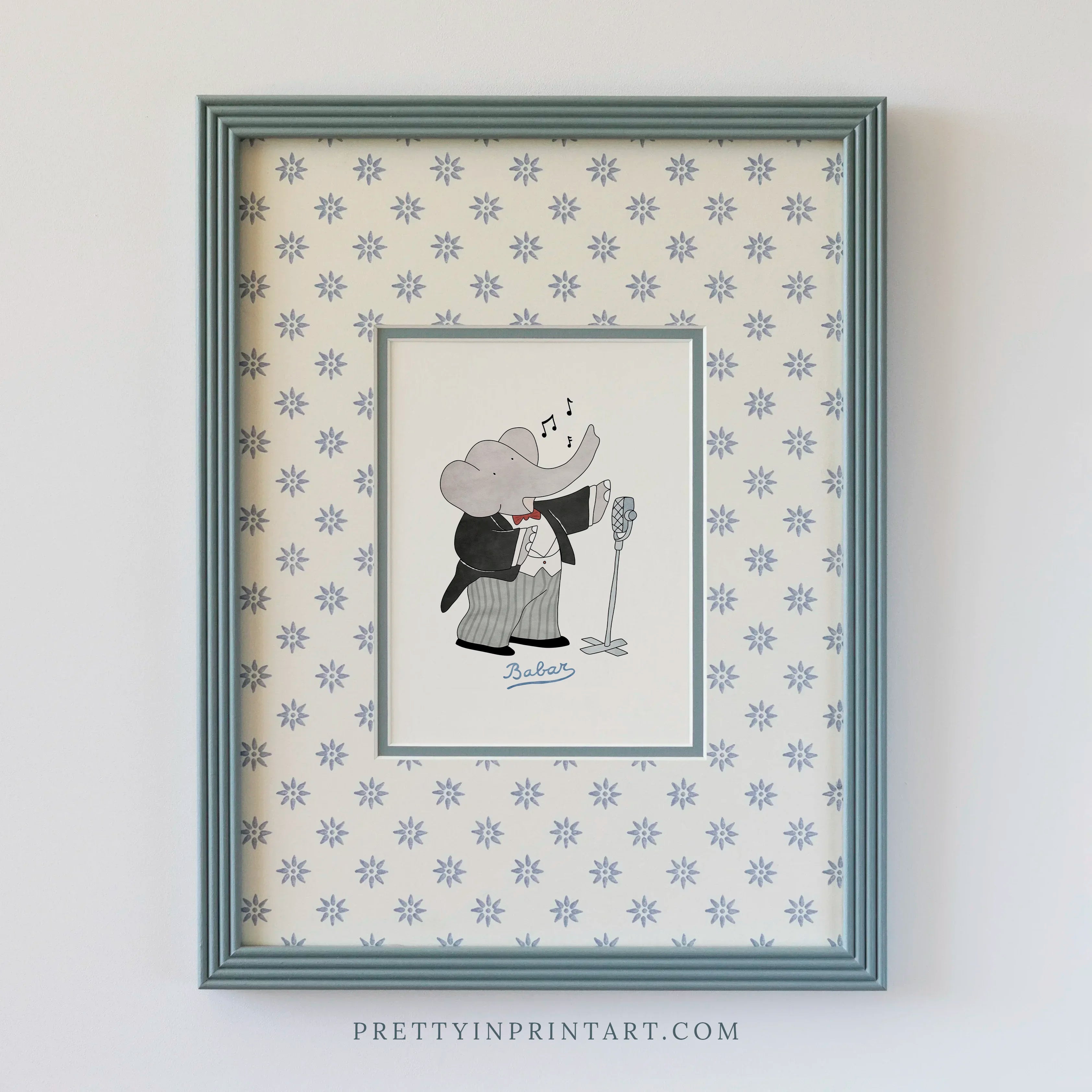 Babar Singer Nursery Art in Blue Hand Painted Frame | Wallpapered Mount