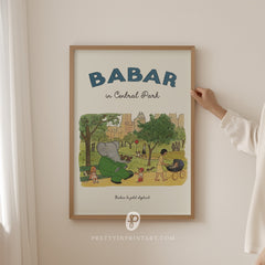 Babar the Elephant Nursery Art Print – Central Park, Framed in Solid Wood Frame