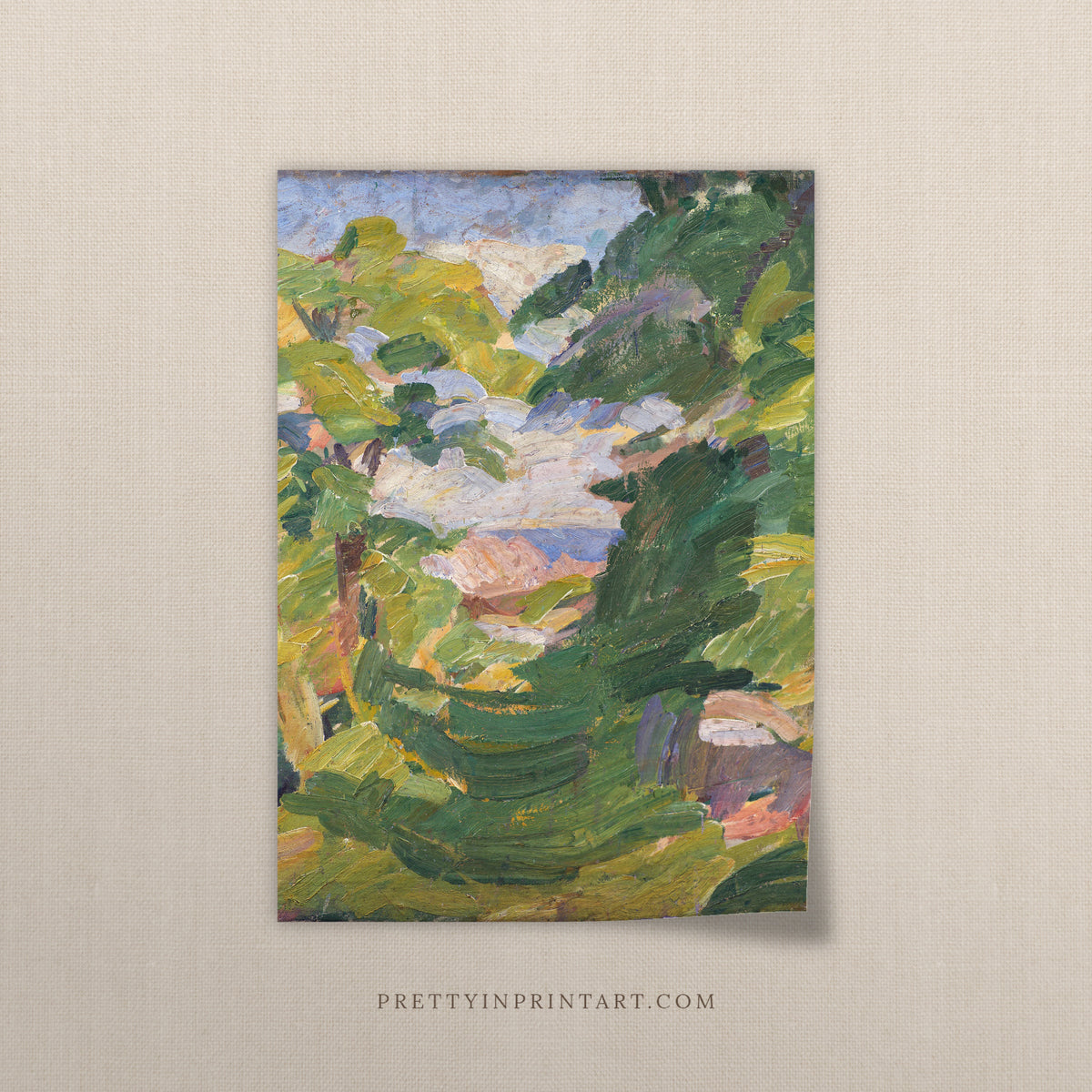 Modern impressionist landscape art print, unframed, on a linen background