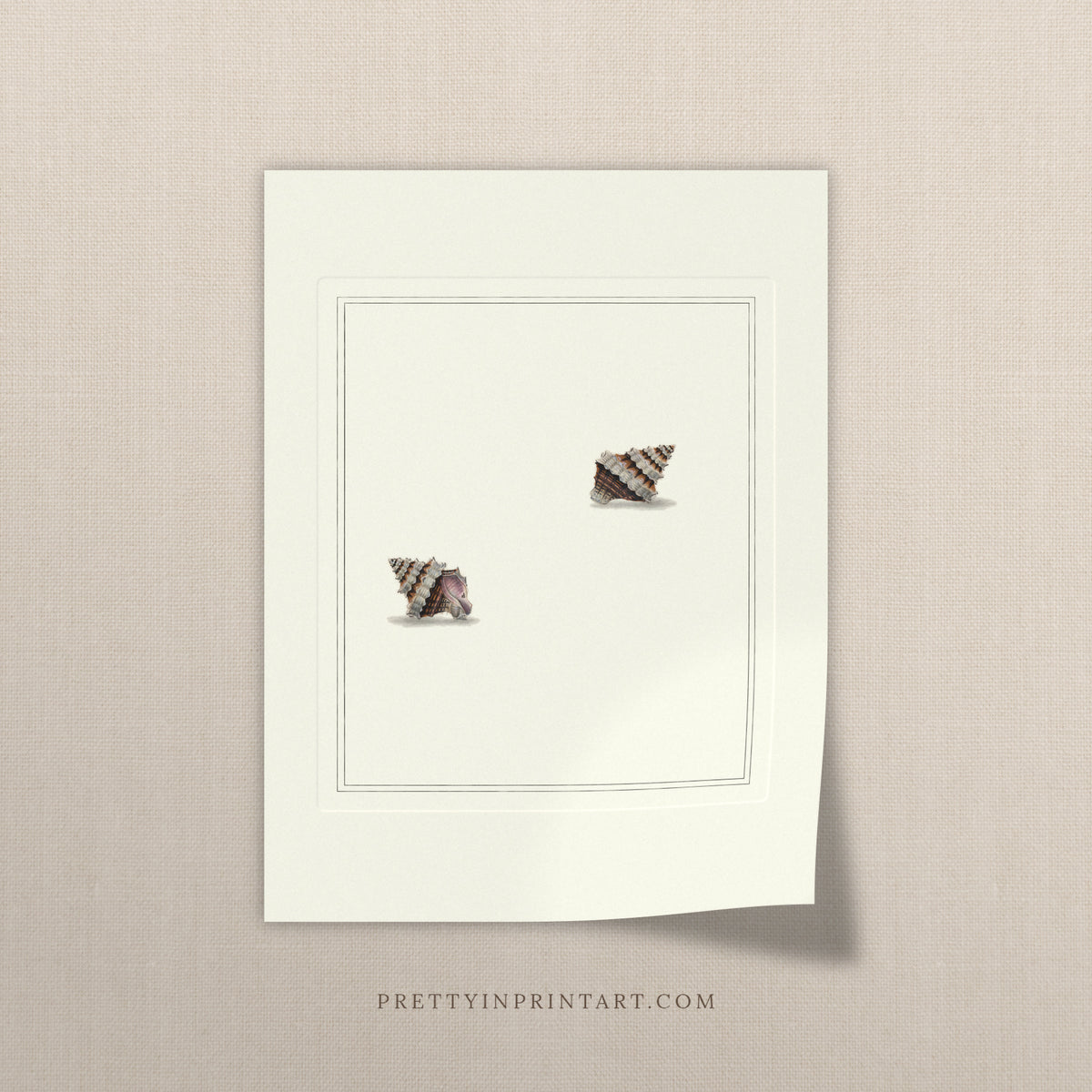 Vintage pink spiral shells print, unframed, on a linen background