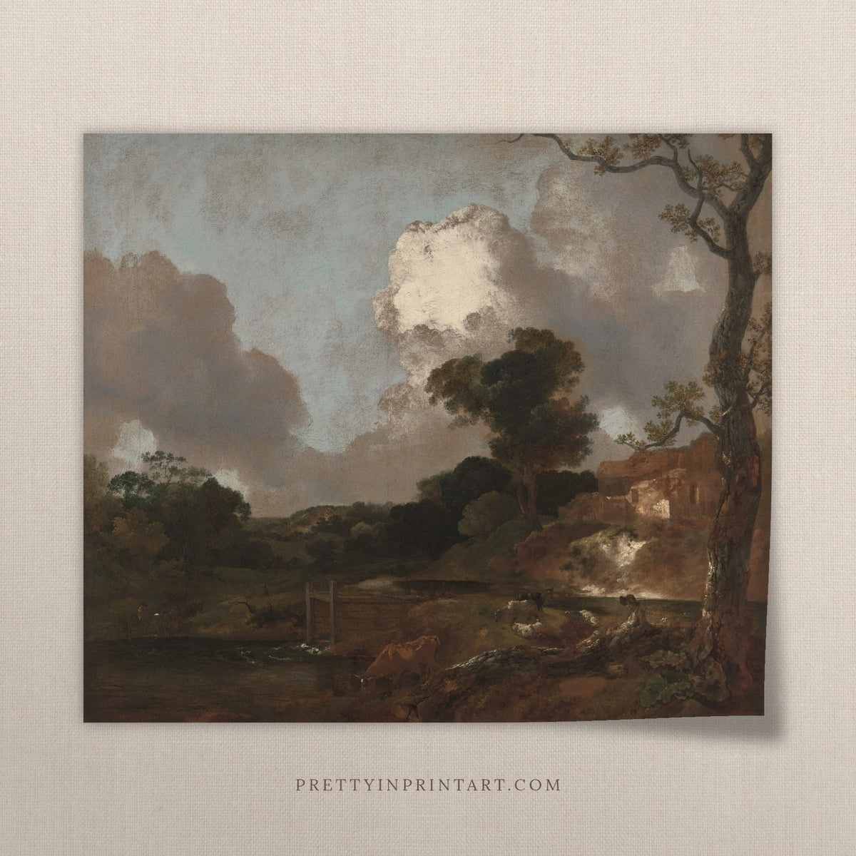 vintage stream and weir landscape art print