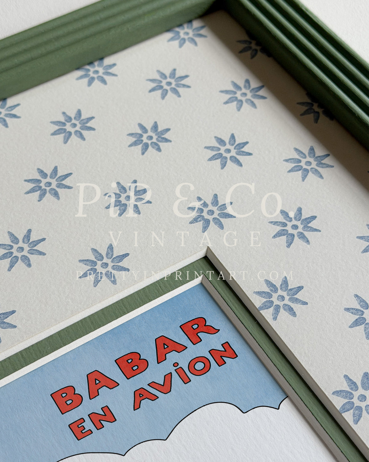 Babar Avion Nursery Art in Green Hand Painted Frame | Wallpapered Mount