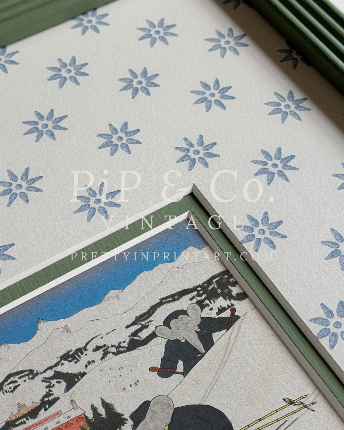 Babar Skiing Nursery Art in Green Hand Painted Frame | Wallpapered Mount