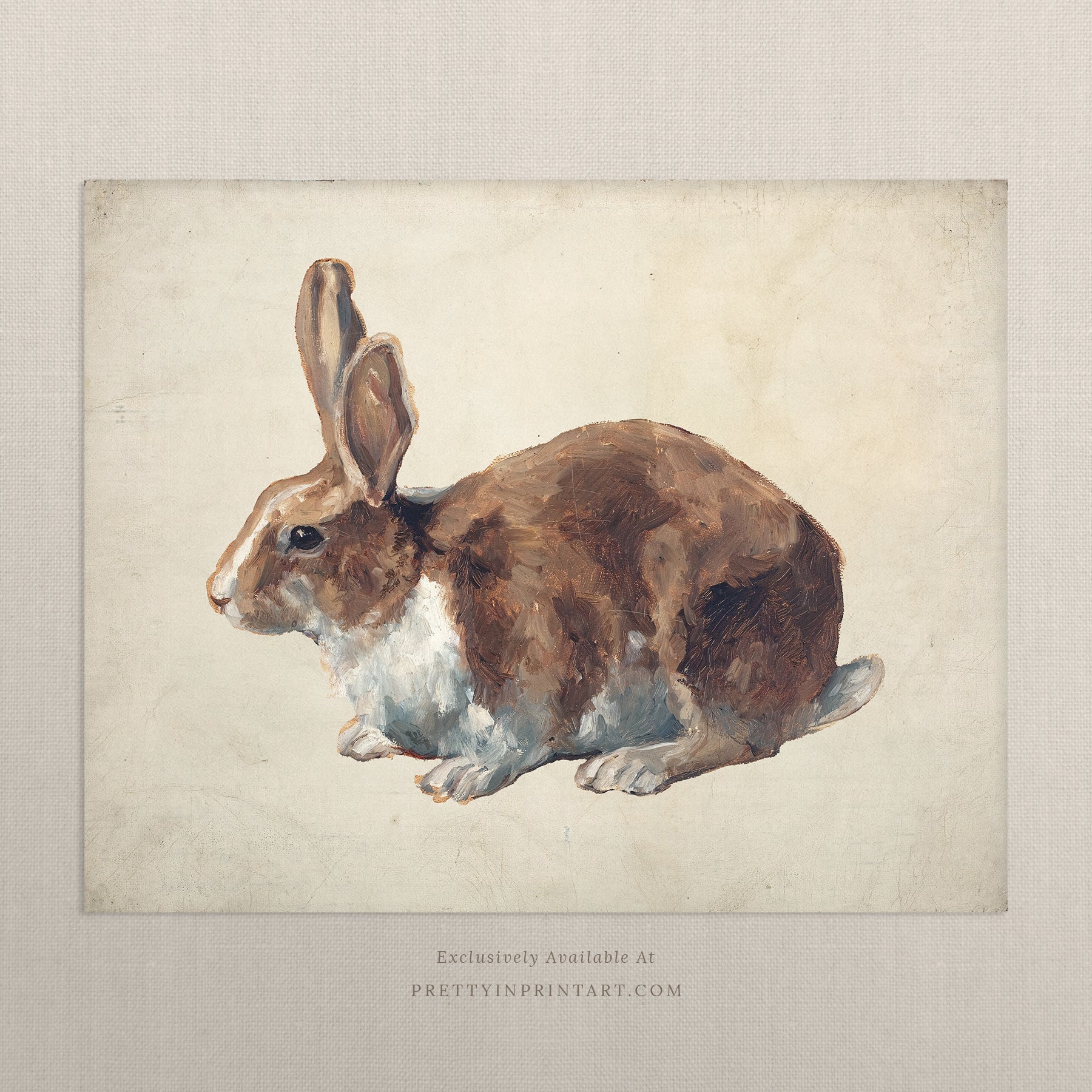 Vintage bunny rabbit art print featuring antique-style animal illustration, perfect for nursery or children's room decor.