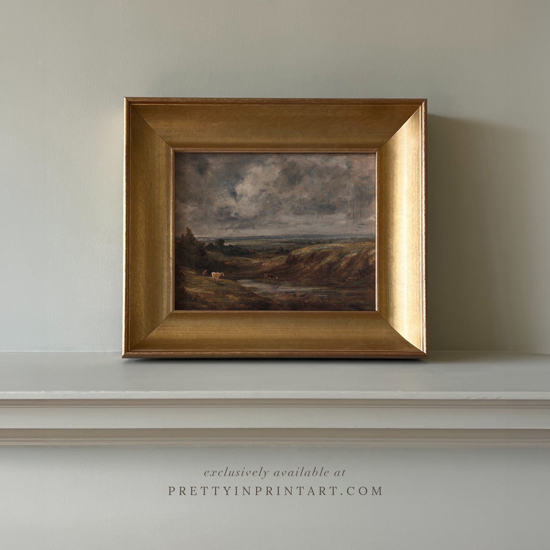 Framed vintage landscape art print in gold gilt Italian frame

