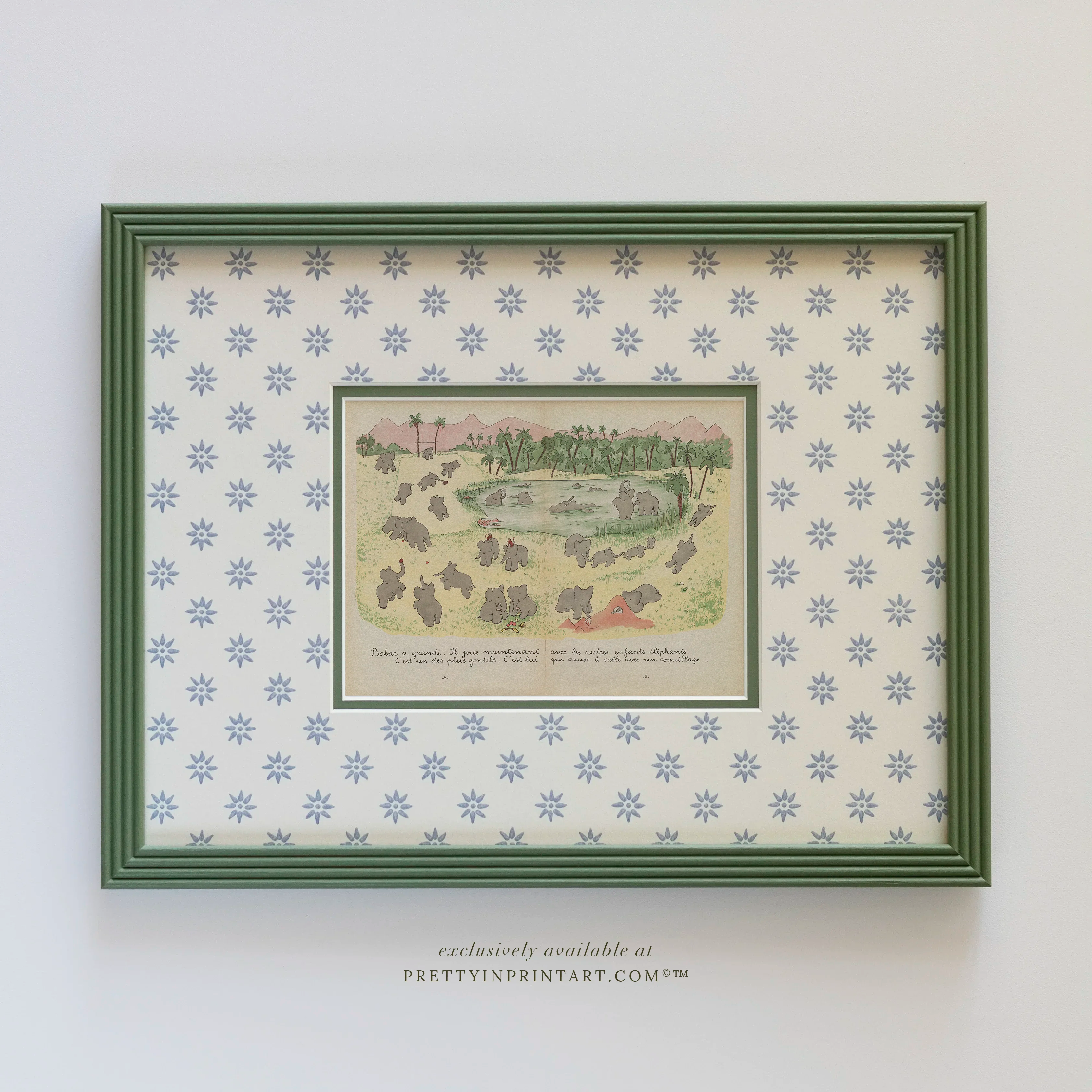 Babar Nursery Art Print in Green Hand Painted Frame | Wallpapered Mount (004)