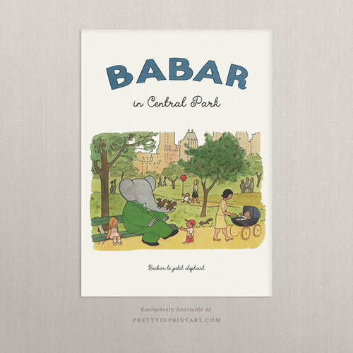 Babar the Elephant Central Park Nursery Art Print – Vintage Storybook Wall Art, Unframed