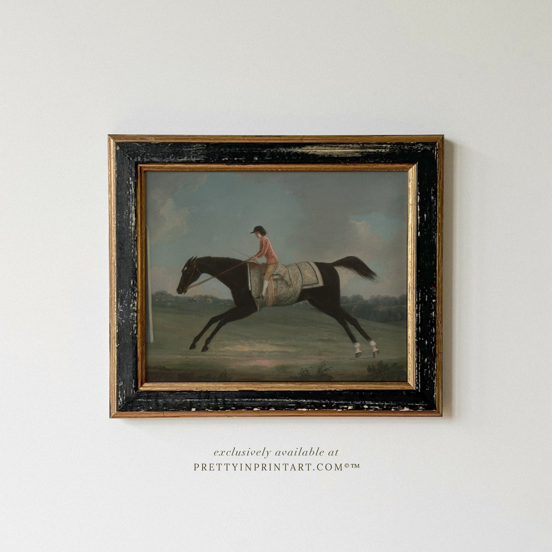 framed-vintage-race-horse-art-print-distressed-black-frame-with-antique-gold-detailing-equestrian-wall-art-traditional-english-country-home-decor