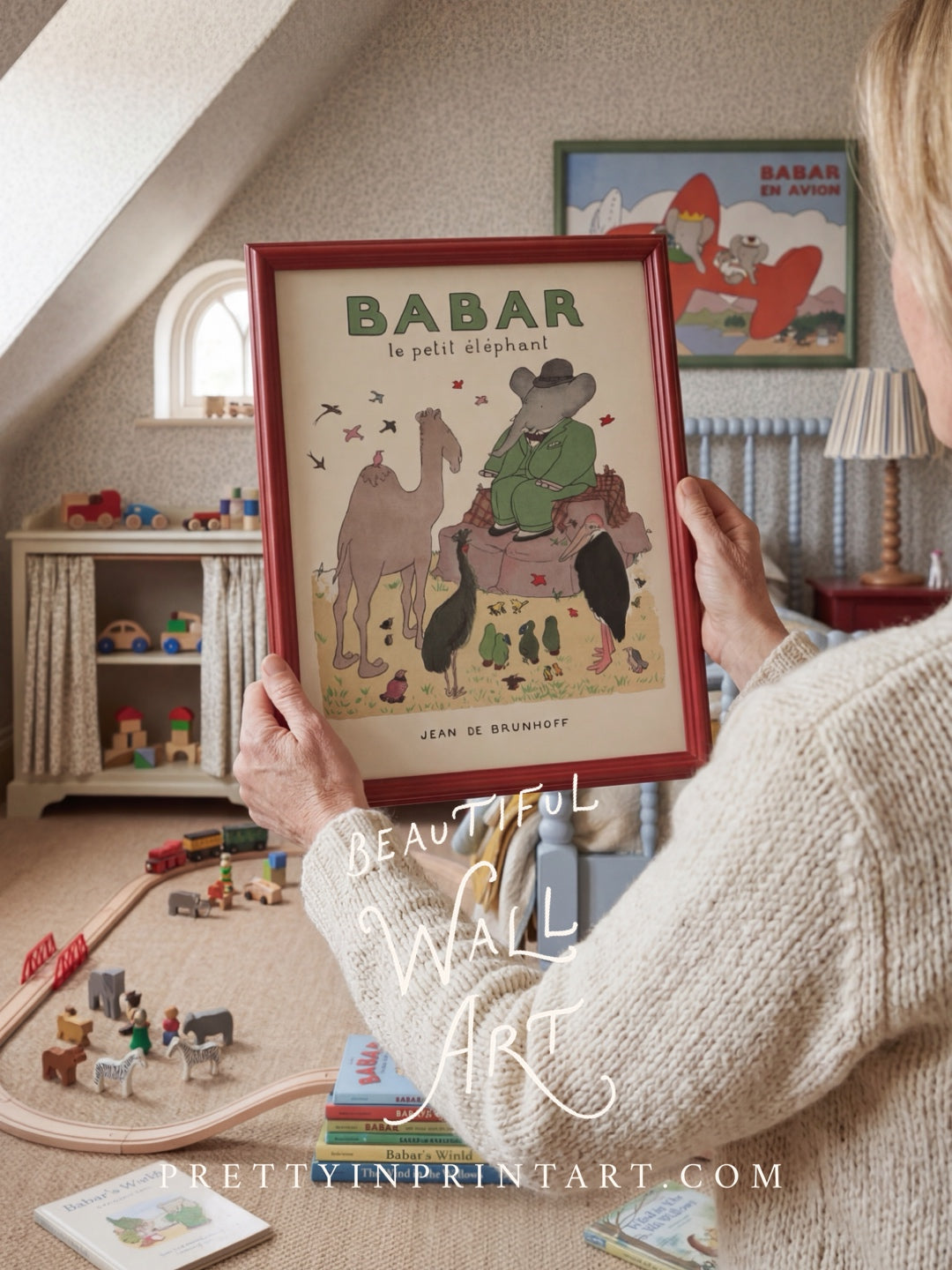 Babar Nursery Art |  Framed (Incarnadine Red Farrow & Ball 00303)
