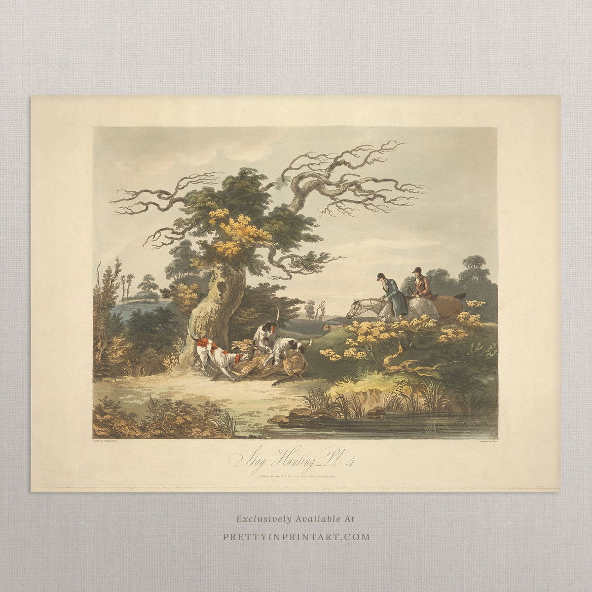 Unframed Vintage Hunting Scene Art Print – Antique Style Wall Art