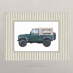 Land Rover Defender Green Nursery Art Print – Printed Fabric-Look Striped Border, Unframed