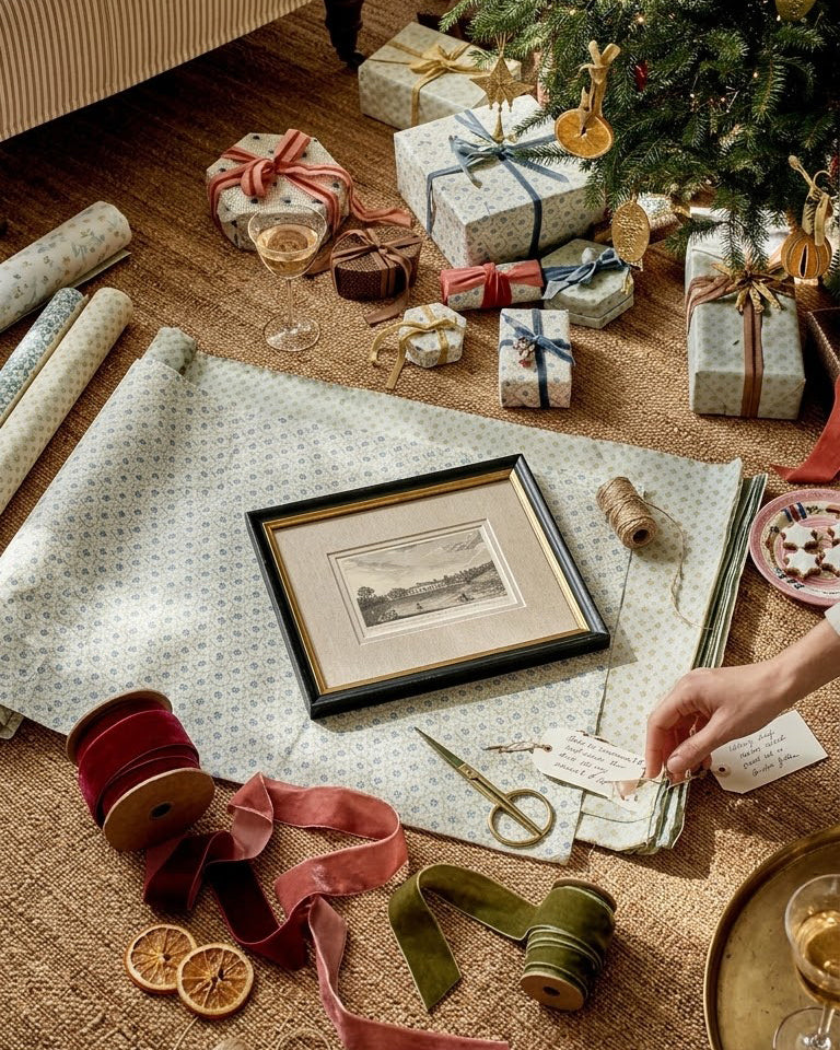 Vintage landscape sketch in a black and gold handmade frame being gift wrapped under a Christmas tree