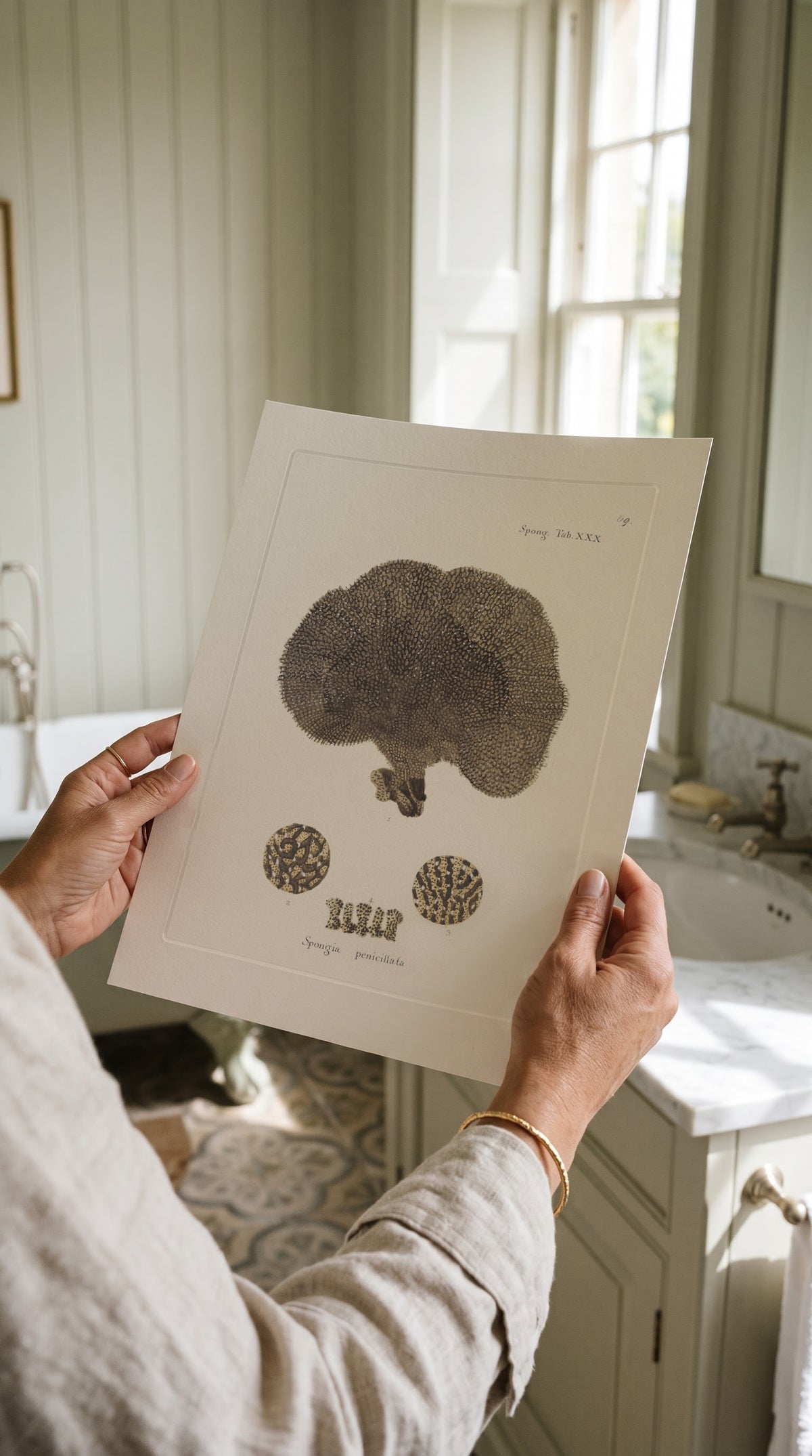 Vintage Brown Cushion Sponge Print held up in a bright country bathroom with panelled walls